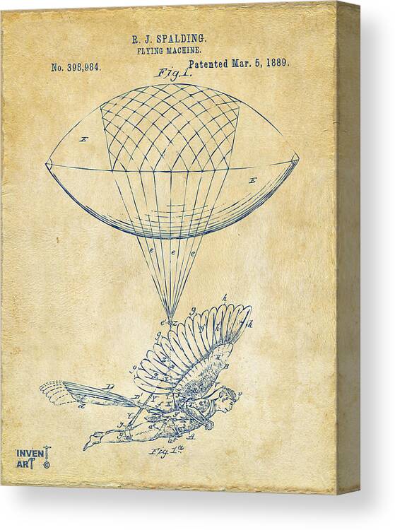 Patent Canvas Print featuring the digital art Icarus Airborn Patent Artwork Vintage by Nikki Marie Smith