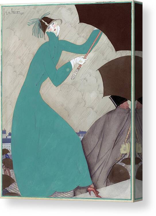 Fashion Canvas Print featuring the digital art Illustration Of A Woman In The Rain by Georges Lepape