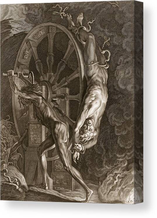 Punishment Canvas Print featuring the drawing Ixion In Tartarus On The Wheel, 1731 by Bernard Picart