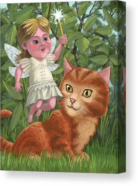 Girl Canvas Print featuring the painting Kitten With Girl Fairy In Garden by Martin Davey
