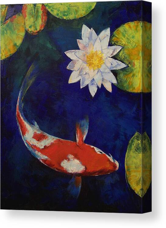 Kohaku Canvas Print featuring the painting Kohaku Koi and Water Lily by Michael Creese