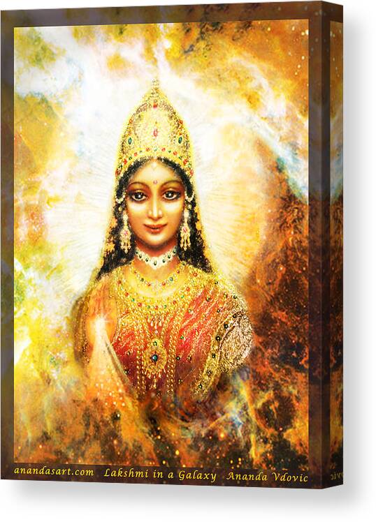 Lakshmi Canvas Print featuring the mixed media Lakshmi Goddess of Abundance in a Galaxy by Ananda Vdovic
