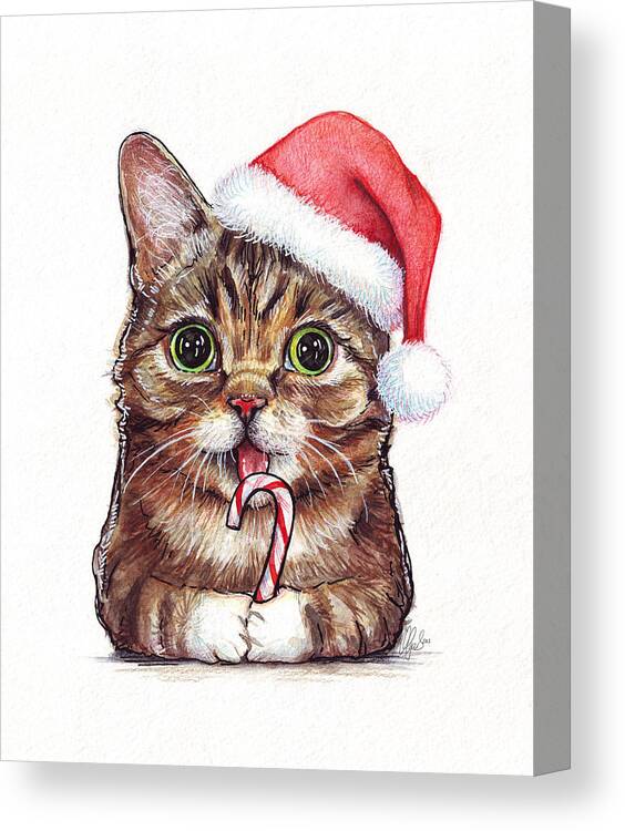 Lil Bub Canvas Print featuring the painting Cat Santa Christmas Animal by Olga Shvartsur