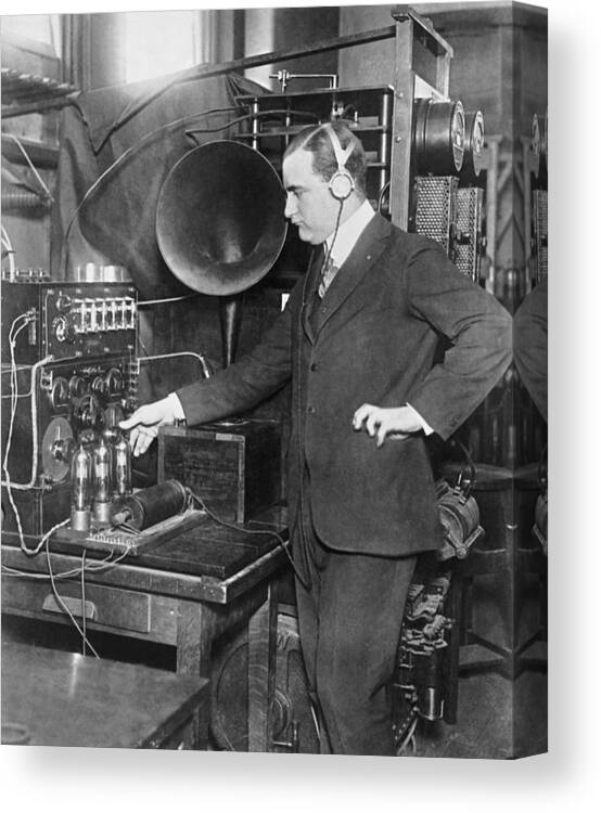 1 Person Canvas Print featuring the photograph Listening In To Wireless by Underwood Archives