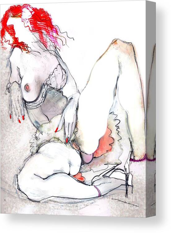 Female Nude Canvas Print featuring the mixed media Long Night in White Shoes - erotic art by Carolyn Weltman