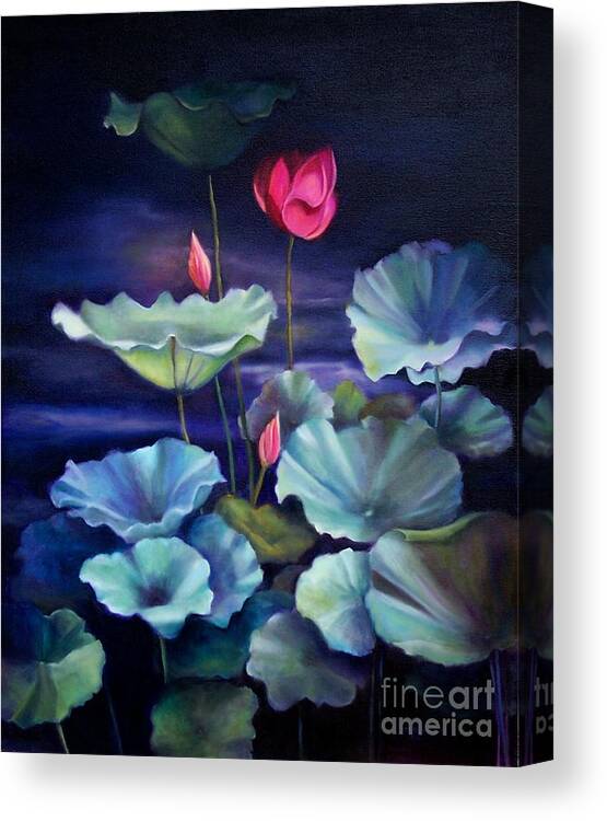 Still Life Canvas Print featuring the painting Lotus on Dark Water by Marlene Book