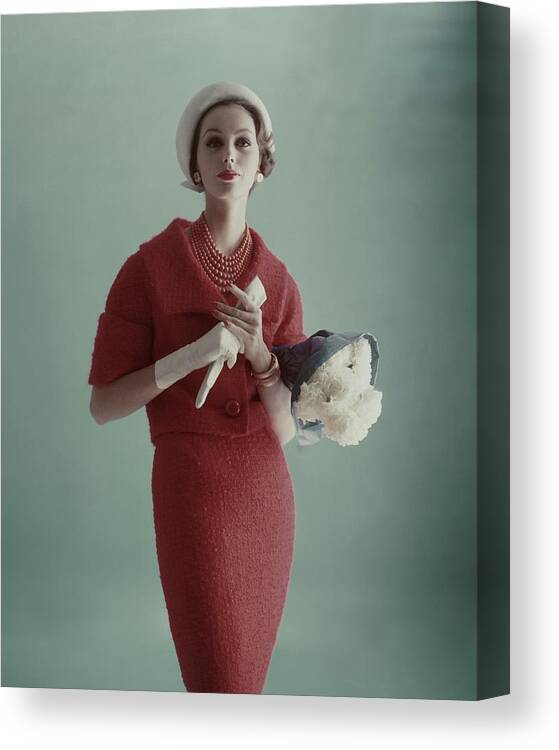 Fashion Canvas Print featuring the photograph Lucinda Hollingsworth Wearing A Red Suit by Karen Radkai
