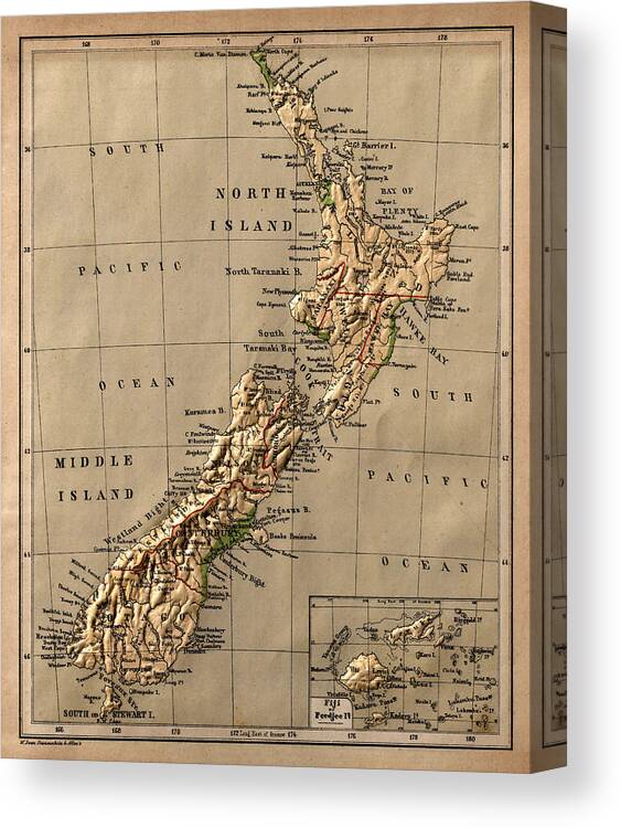 New Zealand Canvas Print featuring the photograph Map of New Zealand 1880 by Andrew Fare