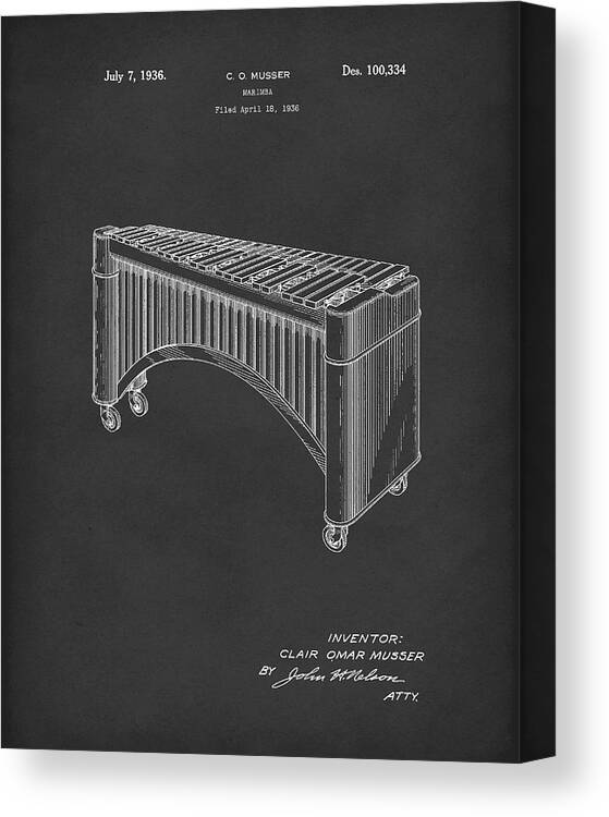 Musser Canvas Print featuring the drawing Marimba 1936 Patent Art Black by Prior Art Design