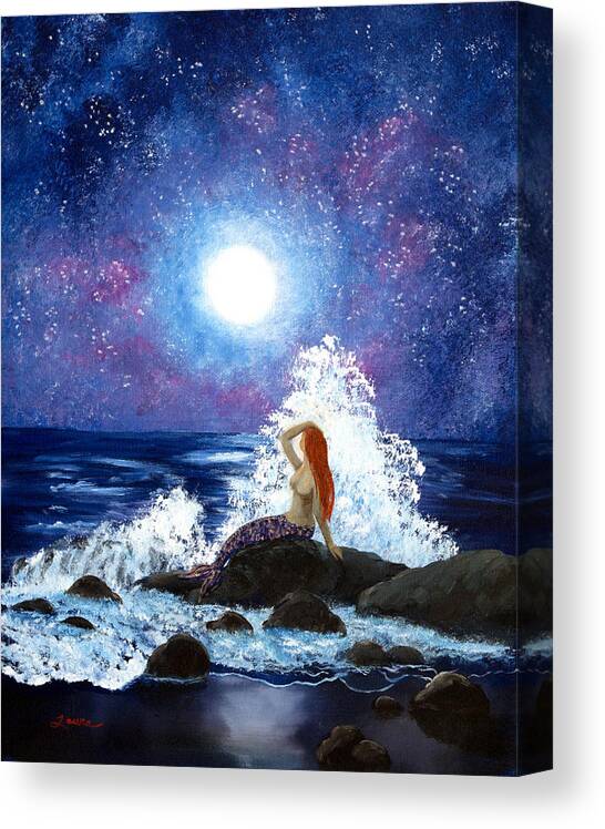Mermaid Canvas Print featuring the painting Mermaid Moonbathing by Laura Iverson