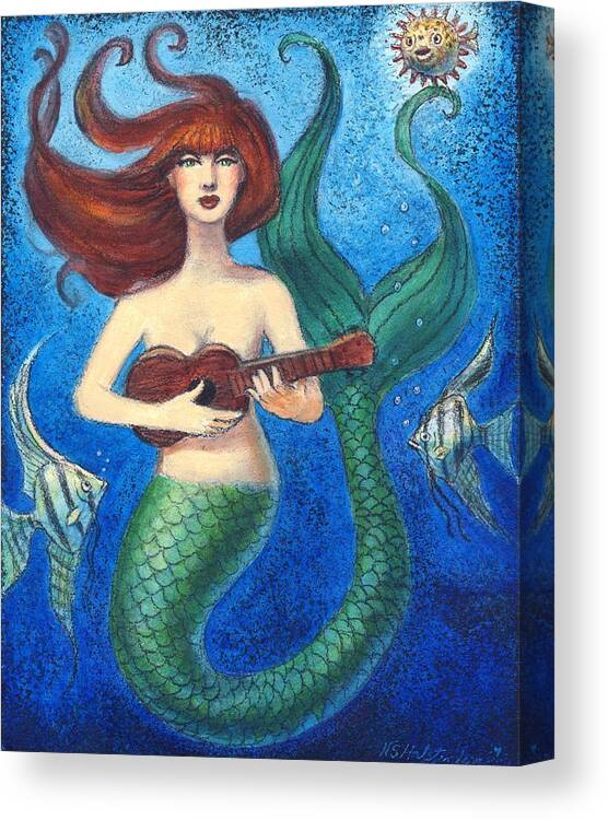 Mermaid.mermaid Art Canvas Print featuring the painting Mermaid Ukulele Angels by Sue Halstenberg