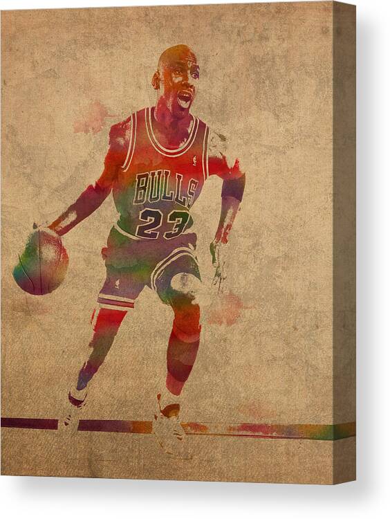 Michael Jordan Canvas Print featuring the mixed media Michael Jordan Chicago Bulls Vintage Basketball Player Watercolor Portrait on Worn Distressed Canvas by Design Turnpike