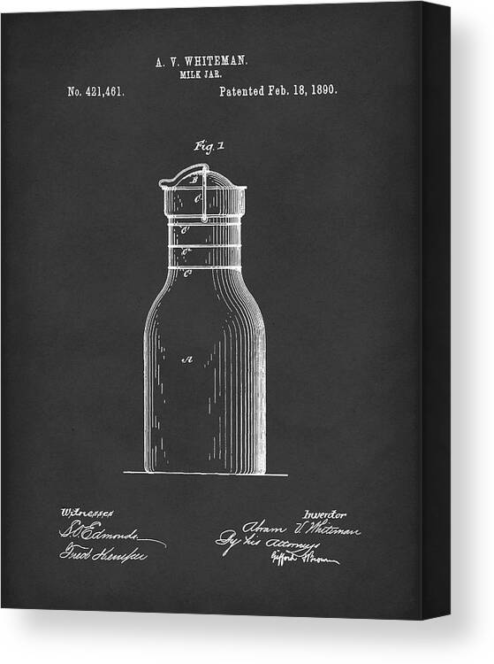 Whiteman Canvas Print featuring the drawing Milk Jar 1890 Patent Art Black by Prior Art Design