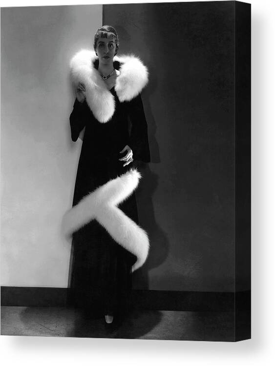 Fashion Canvas Print featuring the photograph Model Wearing A Black Coat With Fur Trim by Edward Steichen
