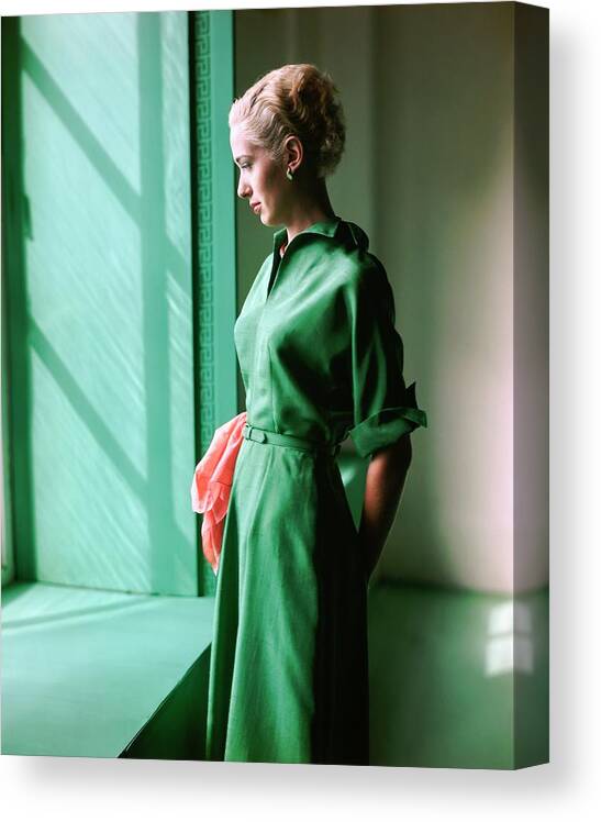 Indoors Canvas Print featuring the photograph Model Wearing A Green Dress by Horst P. Horst