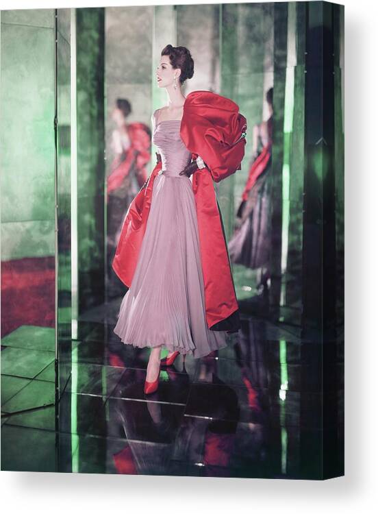 Indoors Canvas Print featuring the photograph Model Wearing Purple Dress With Red Stole by Horst P. Horst