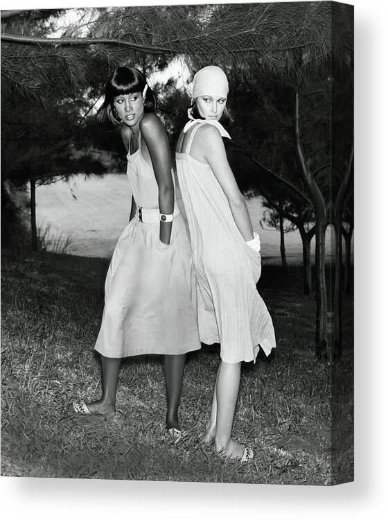 Accessories Canvas Print featuring the photograph Models Wearing Dresses Under Trees by Kourken Pakchanian