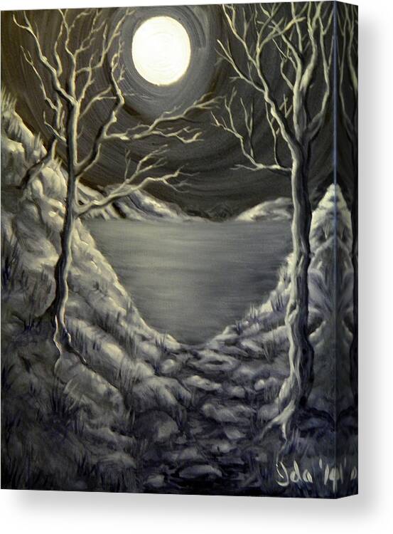Moon Light Shadow Dark Trees Water Mountains Rocks Hills Grass Paynes Grey White Blue Branches Stillness Canvas Print featuring the painting Moonlight Waltz by Ida Eriksen