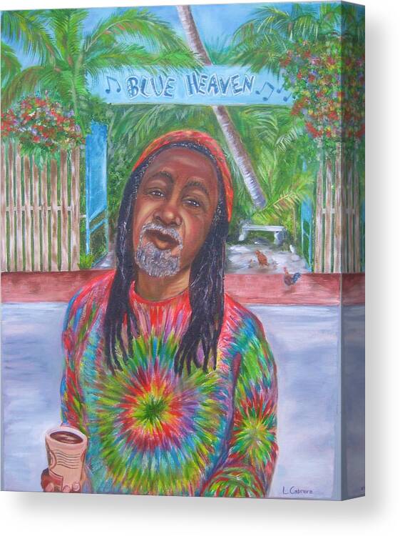 Key West Portrait Canvas Print featuring the painting Morning Coffee at Blue Heaven by Linda Cabrera