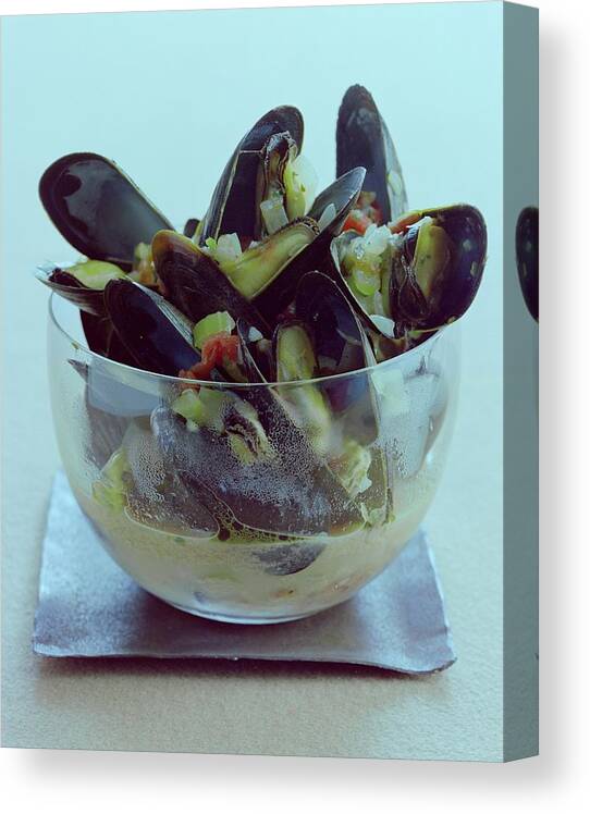 Cooking Canvas Print featuring the photograph Mussels In Broth by Romulo Yanes