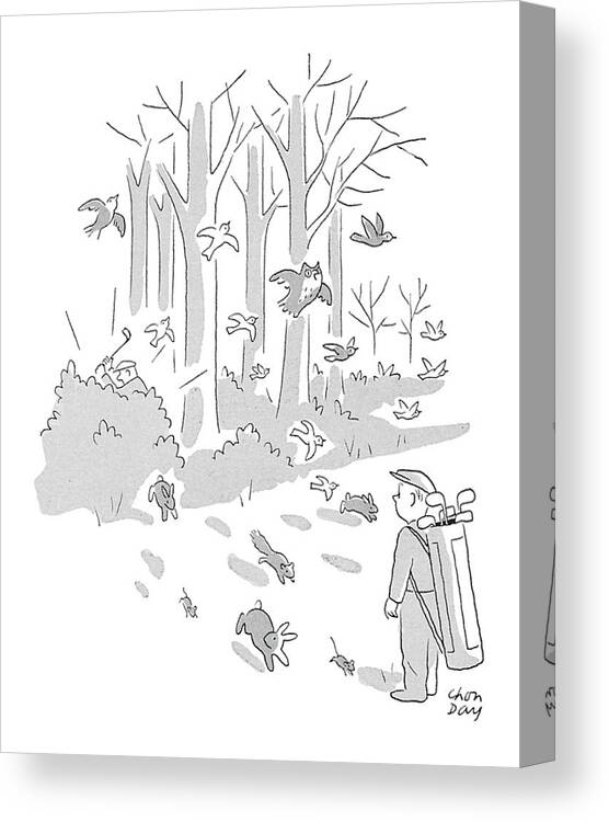 (caddy Watches Birds And Animals Scampering Out Of Forest As Golfer Swings His Club In The Woods.) Golf Canvas Print featuring the drawing New Yorker April 10th, 1954 by Chon Day