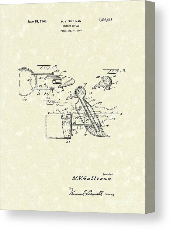 Sullivan Canvas Print featuring the drawing Novelty Duck 1946 Patent Art by Prior Art Design