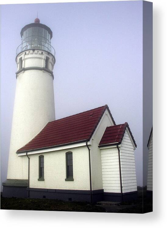 Landscape Canvas Print featuring the photograph Oregon Lighthouse In The Fog by Robert Lozen