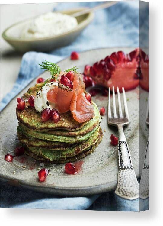 Sweden Canvas Print featuring the photograph Pancakes With Salmon, Sweden by Johner Images