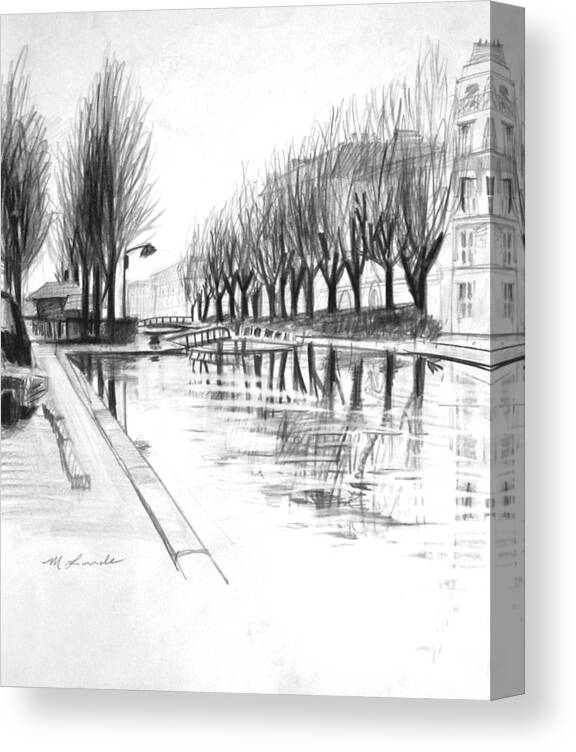 Canal Scene In Paris Canvas Print featuring the drawing Paris Winter Canal by Mark Lunde