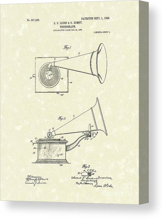 Leeds Canvas Print featuring the drawing Phonograph 1908 Patent Art by Prior Art Design
