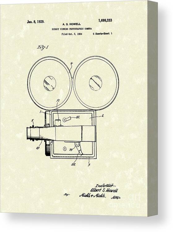 Howell Canvas Print featuring the drawing Photographic Camera 1929 Patent Art by Prior Art Design