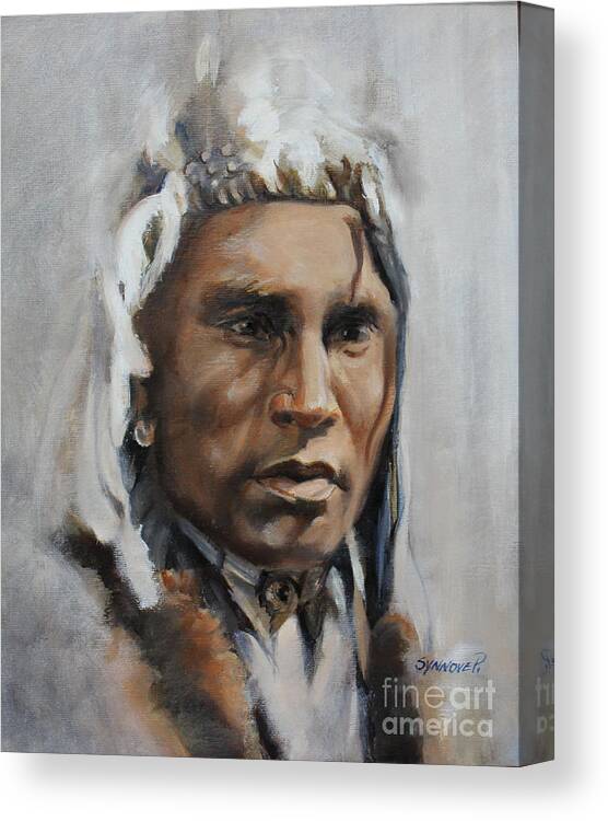 First Nation Canvas Print featuring the painting Piegan Warrior Portrait by Synnove Pettersen