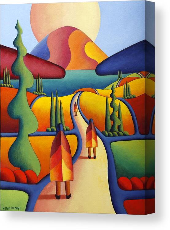 Pilgrimage  Canvas Print featuring the painting Pilgrimage To The Sacred Mountain With 3 Figures by Alan Kenny