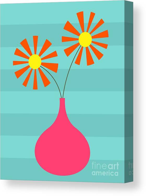 70s Canvas Print featuring the digital art Pink Vase on Blue by Donna Mibus