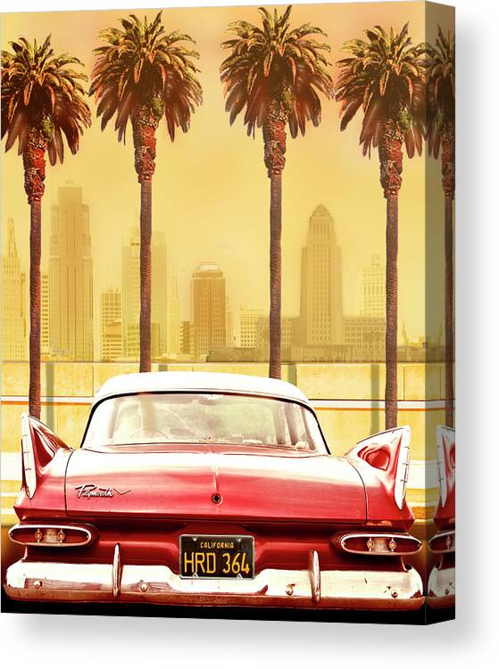 Los Angeles Canvas Print featuring the photograph Plymouth Savoy With Palms by Larry Butterworth