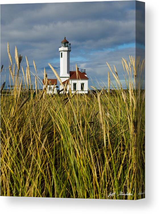 Architecture Canvas Print featuring the photograph Point Wilson Lighthouse and Grassy Foreground by Jeff Goulden