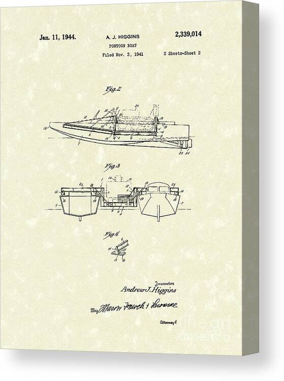 Higgins Canvas Print featuring the drawing Pontoon Boat 1944 Patent Art by Prior Art Design