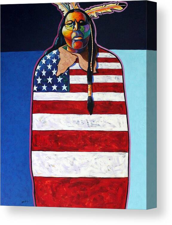 Native American Wrapped In Us Flag Canvas Print featuring the painting Poverty Still Cracks the Whip by Joe Triano