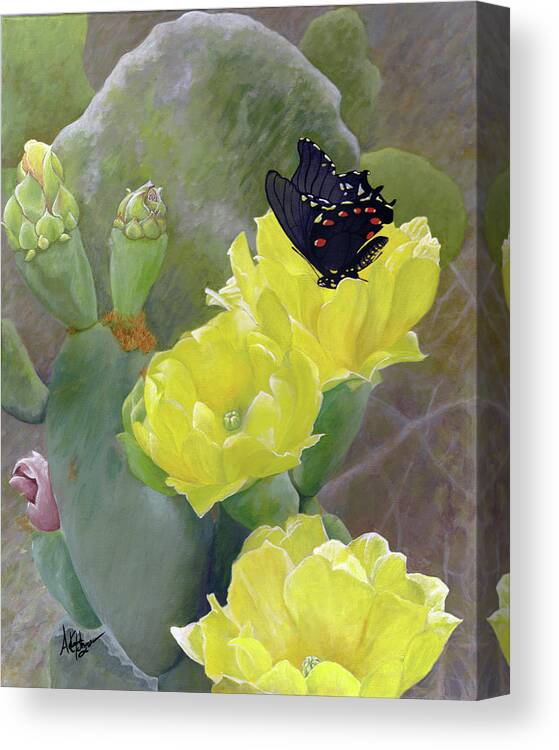 Cactus Canvas Print featuring the painting Prickly Pear Flower by Adam Johnson