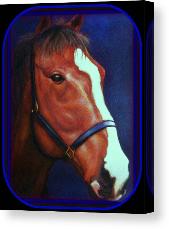 Horse Blue White Bridle Strap Ranch Animal Stripe Mare Stallion Canvas Print featuring the painting Proud Horse by MarvL Roussan