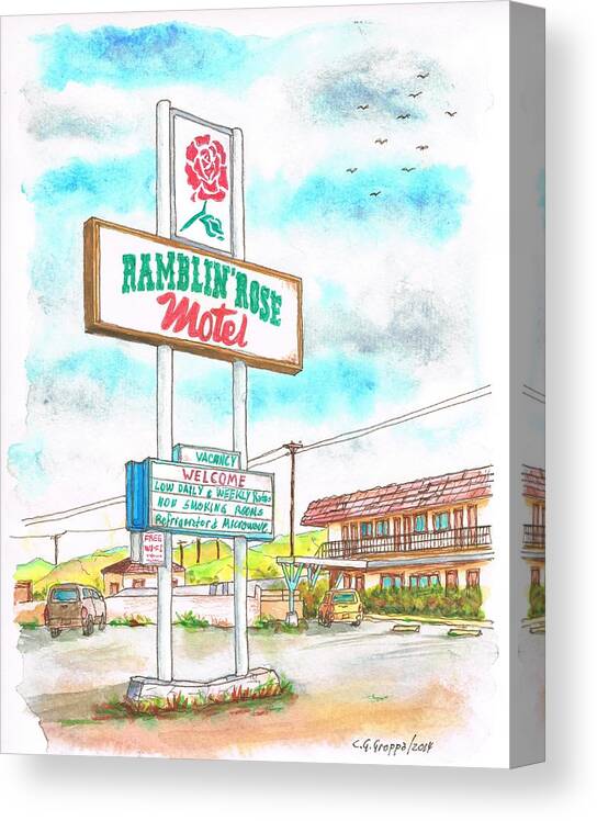Rambling Rose Motel Canvas Print featuring the painting Ramblin Rose Motel in Route 66, Andy Devine Ave., Kingman, Arizona by Carlos G Groppa