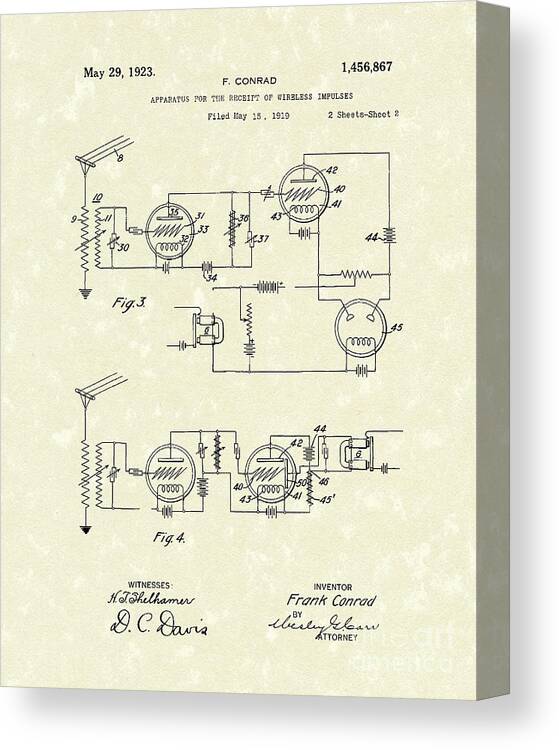 Conrad Canvas Print featuring the drawing Receiver 1923 Patent Art by Prior Art Design
