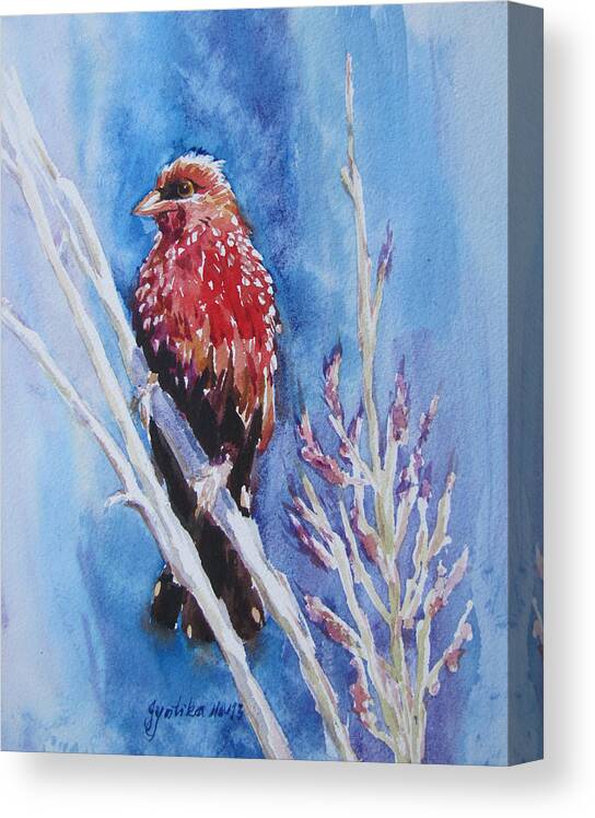 Bird Canvas Print featuring the painting The Red Bird with pink flowers by Jyotika Shroff