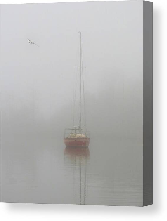Nautical Canvas Print featuring the photograph Red Sailboat in Fog by Deborah Smith