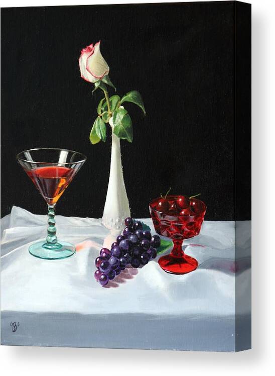 Still Life Canvas Print featuring the painting Rose wine and fruit by Glenn Beasley