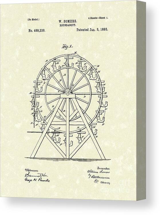 Somers Canvas Print featuring the drawing Roundabout 1893 Patent Art by Prior Art Design