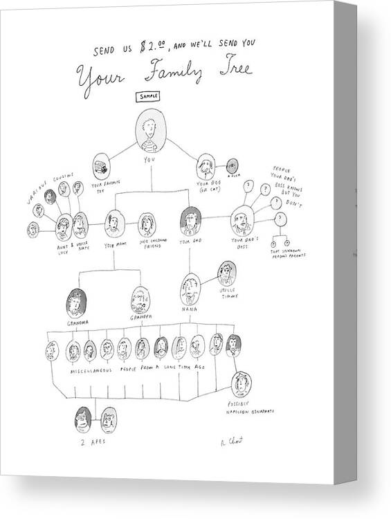 
Your Family Tree:title.the Top Of The Cartoon Reads Canvas Print featuring the drawing Send Us $2.00 by Roz Chast