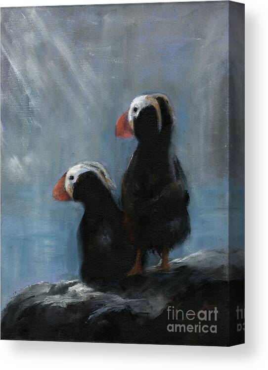 Puffins Canvas Print featuring the painting Shore Patrol by Sharon Furze