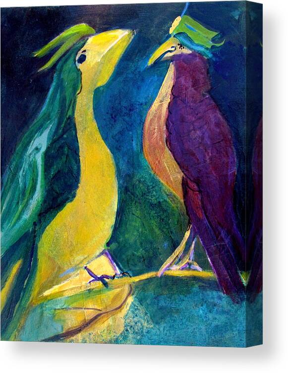Two Birds In Green Feathered Hats Canvas Print featuring the painting Smug Bird Gossip by Betty Pieper