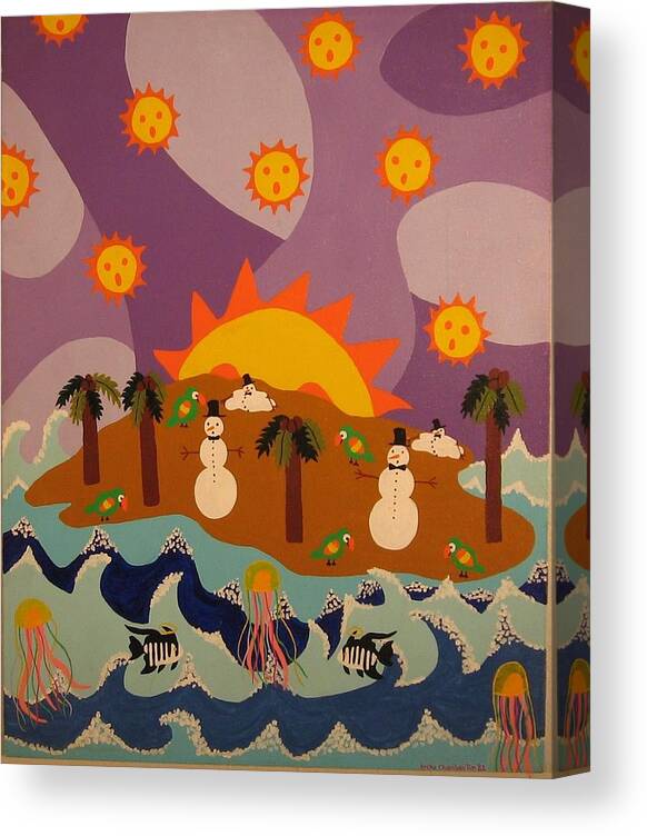 Snowman Canvas Print featuring the painting Snowman is an Island by Erika Jean Chamberlin